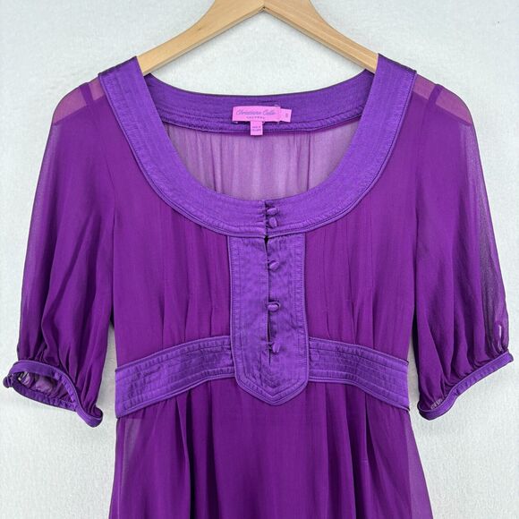 CALYPSO Dress S Small CHRISTIANE CELLE Silk Sheer Satin Trim Knee Length Purple - Picture 2 of 15